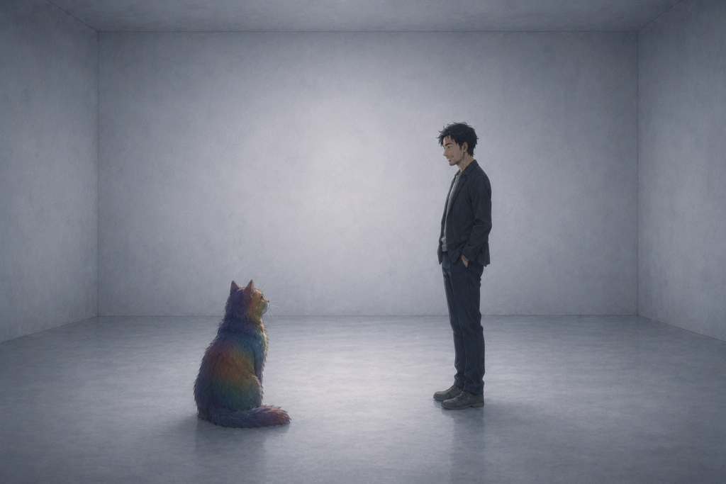 最終展示室にいる虹色の猫と男性。