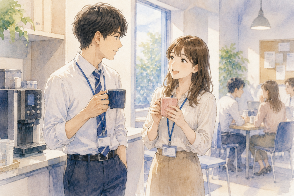 職場で楽しそうに会話する男女。脈ありかもしれない。