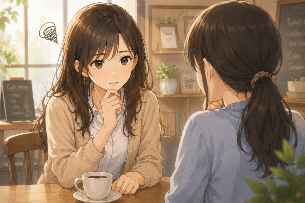 本音を言えずにモヤモヤする女性。