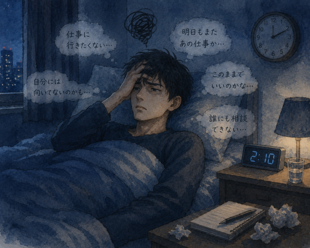 仕事がストレスになり眠れない男性。