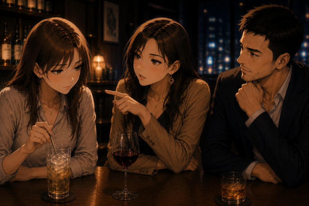 ずけずけためらいなく言うミサキ。ユウカは伏目がち。