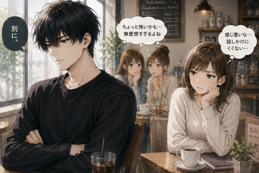 クールというより無愛想な男性。女性は少し怖いと感じている。