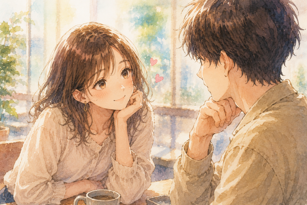 好意の視線で男性を見る女性。すべてが可愛く見えている。