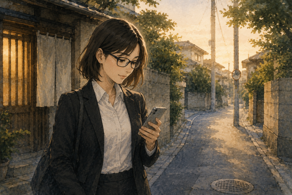 店を出るミカコ。店主と交換した連絡先をみて優しい表情。