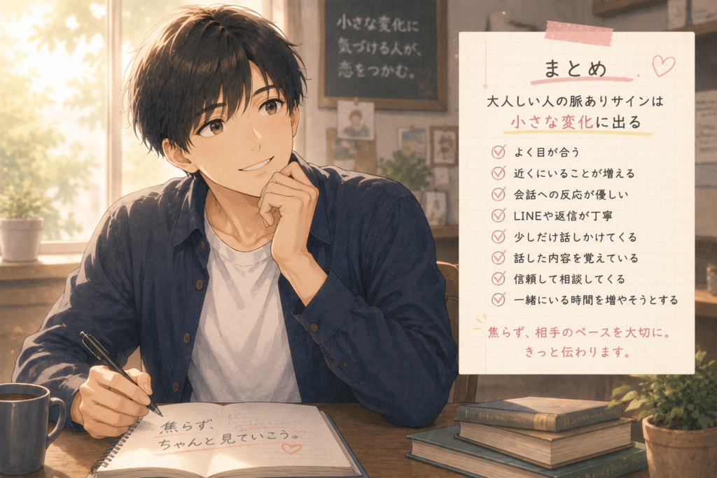 大人しい人の脈ありサインについてまとめる男性。
