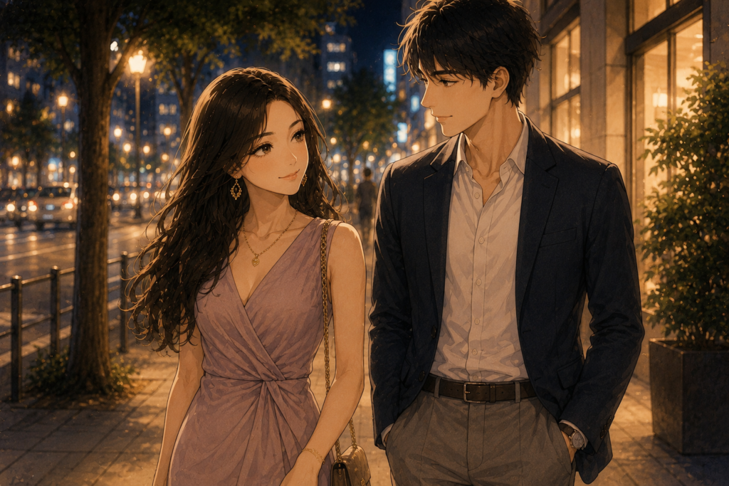 店外に出ていい雰囲気で歩くミサキと男性。