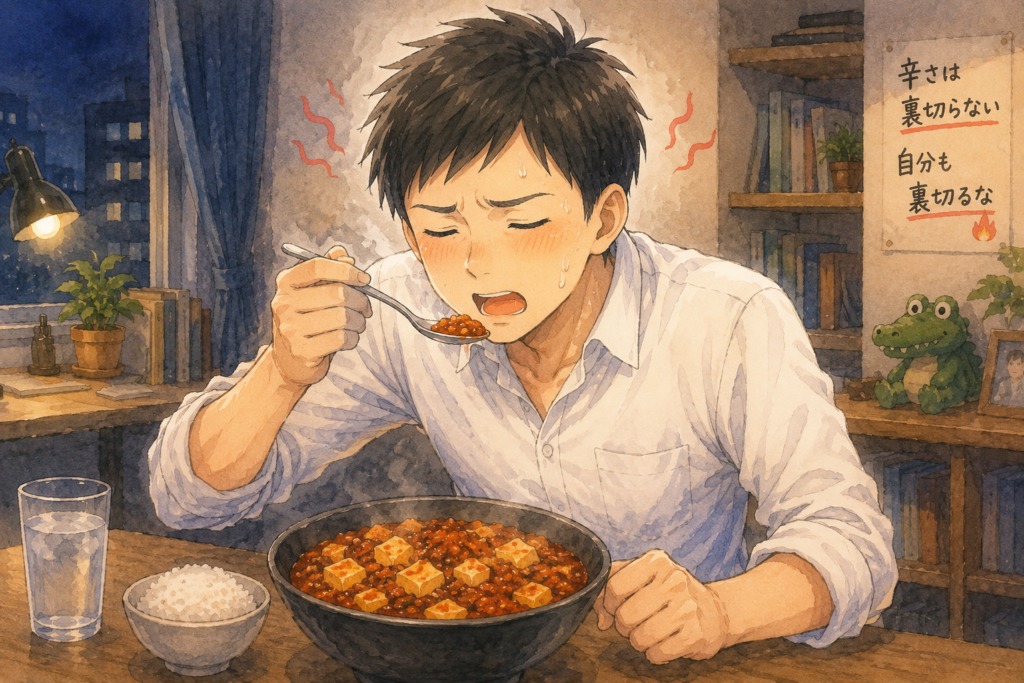激辛麻婆豆腐を食べて自分を戒めるリク。