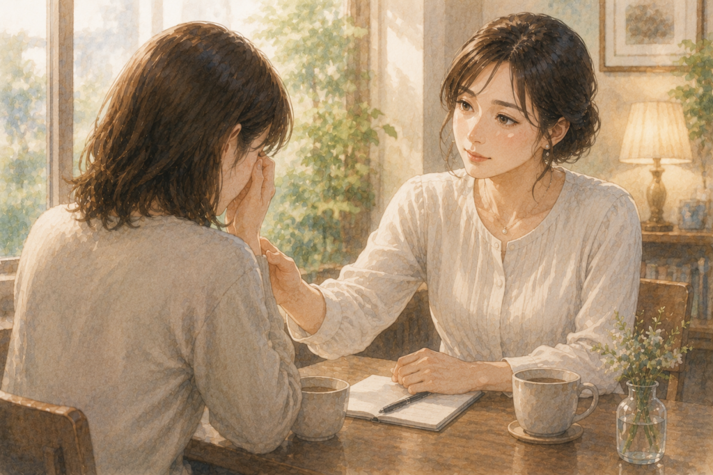 相談者である妻に言葉をかけるマリ。