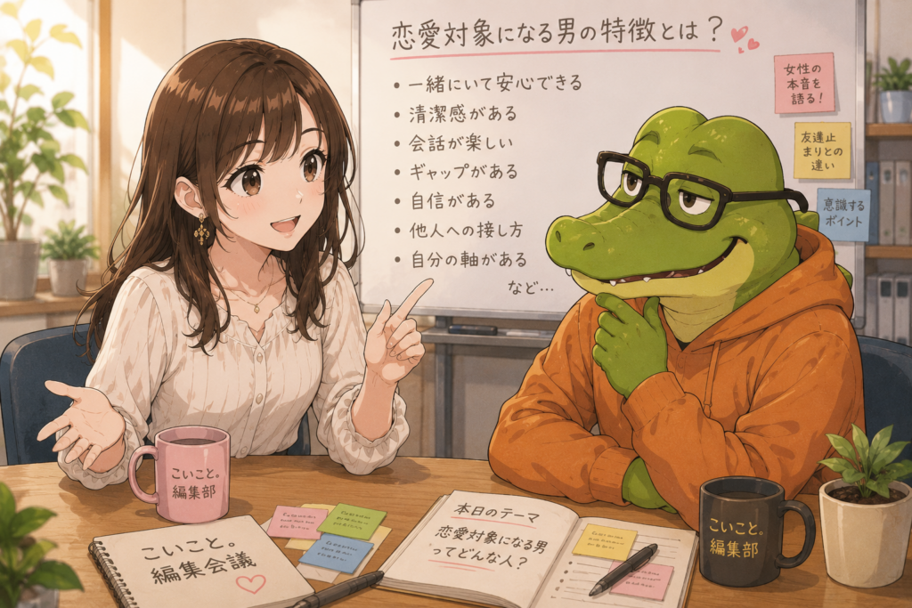恋愛対象になる男性の特徴について語るミユとワニオ。