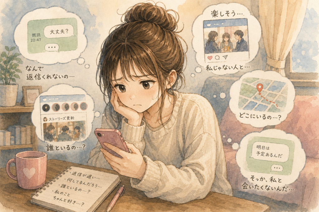 スマホをながめながら不安そうな女性。遠距離恋愛が失敗しそうな雰囲気。