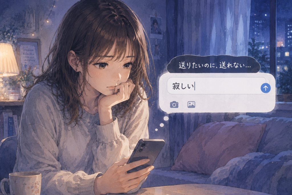 寂しいと本音を送信したいけど、我慢してしまう女性。