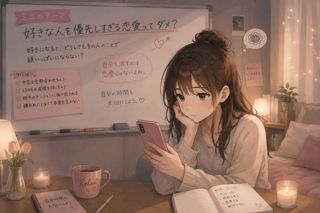恋人からの連絡を待つ女性。