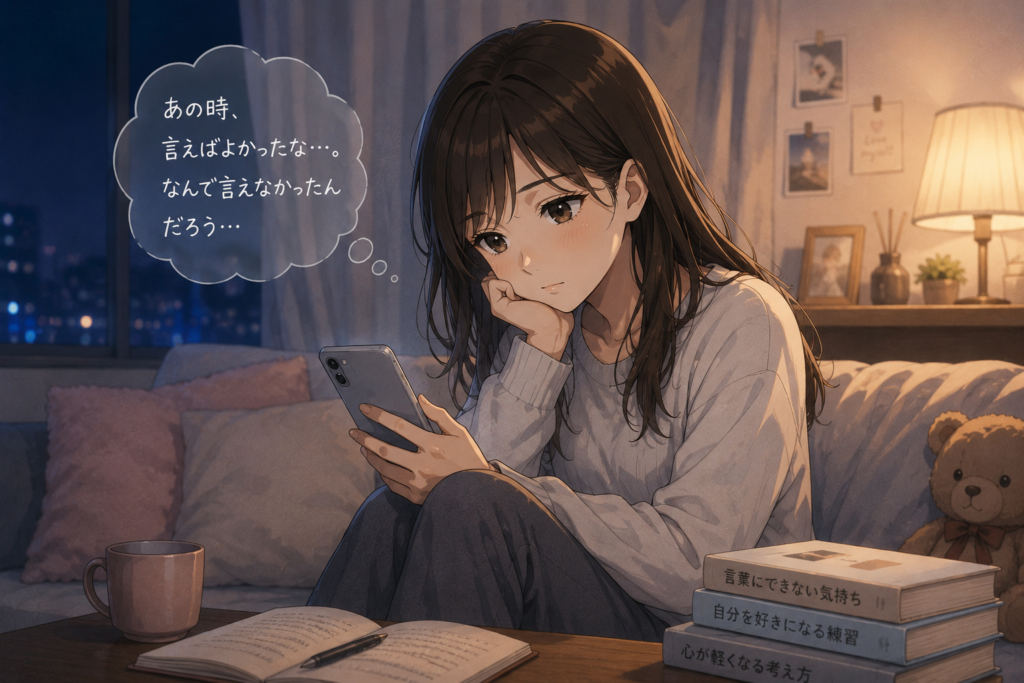 「あの時言えば良かった」と本音を言わなかったことを家で後悔する女性。