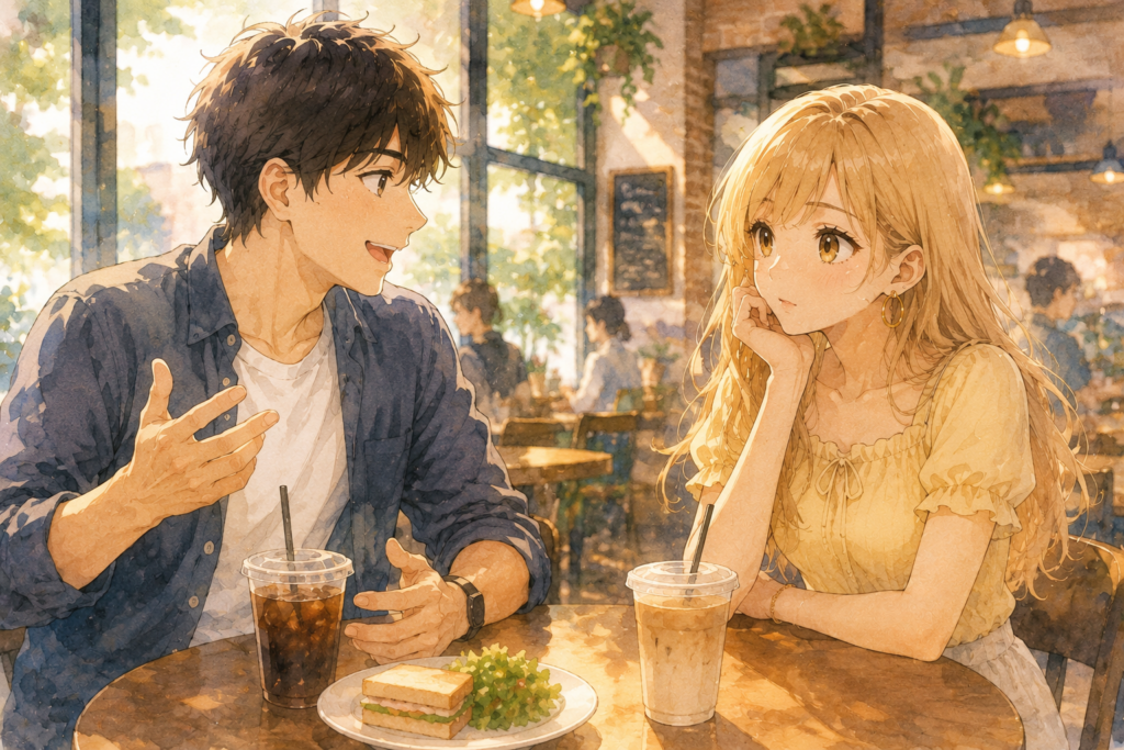 男性とデートするアカリ。