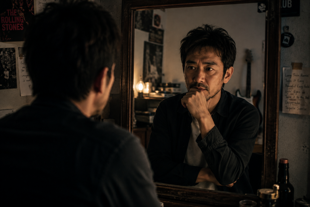 鏡を見る男性。