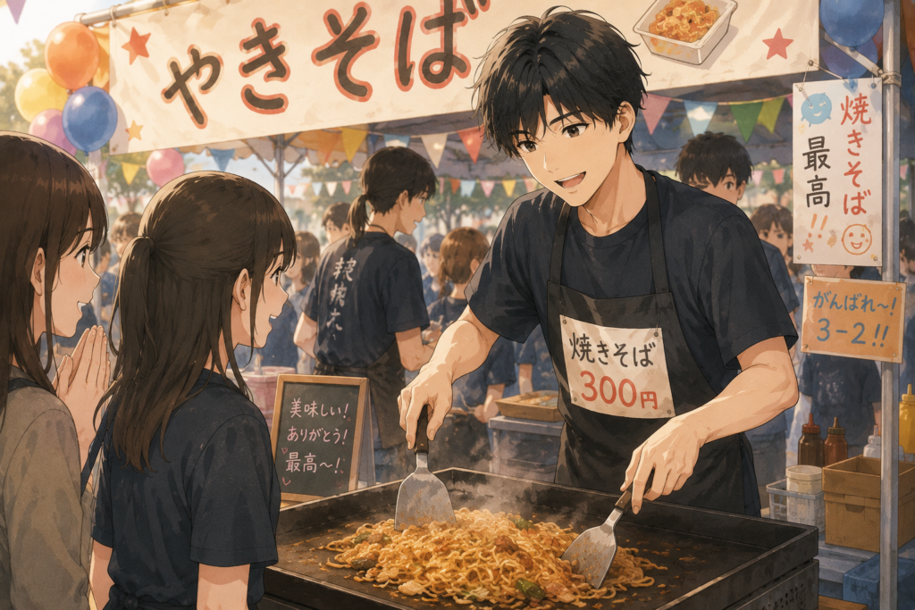 文化祭で焼きそばを焼く男性。恋愛以外のことを楽しんでいる人の方がモテがち。