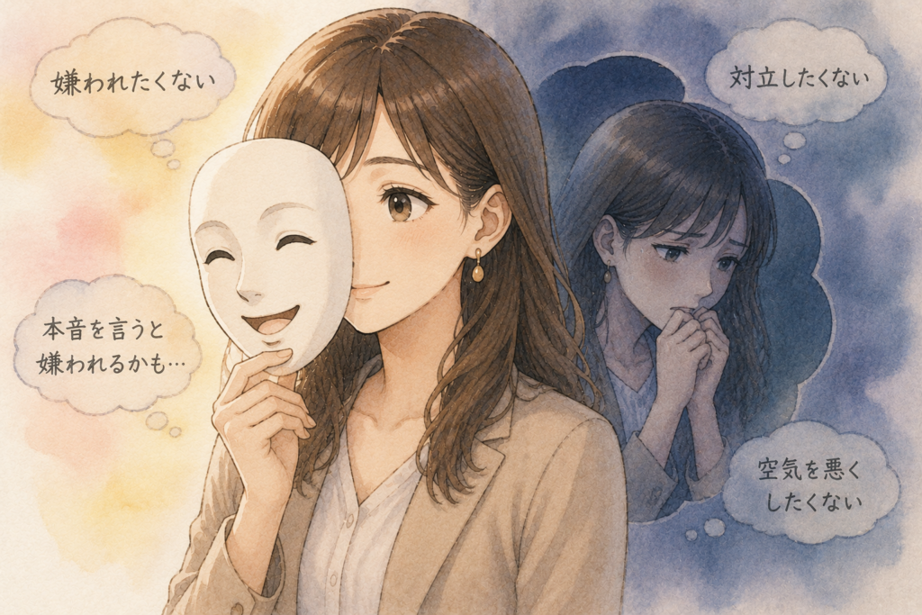笑顔の裏には不安な気持ちがある。裏表の激しい人の心理を描写。