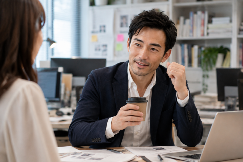相性について自論を語る中年男性。