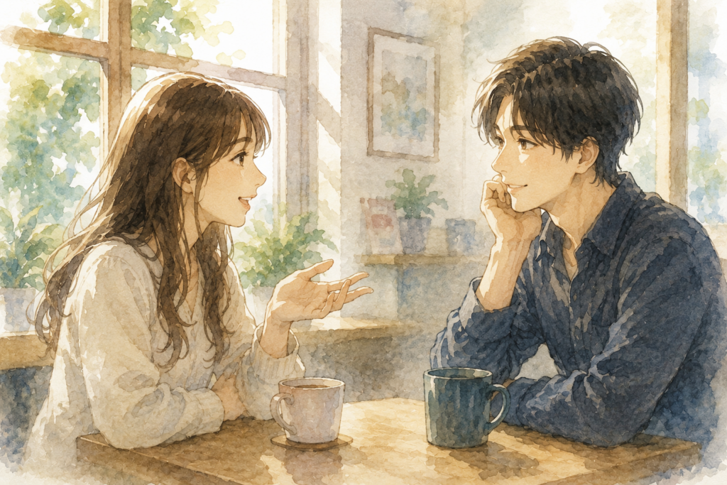 会話する男女。女性は人として好きだから会っている。