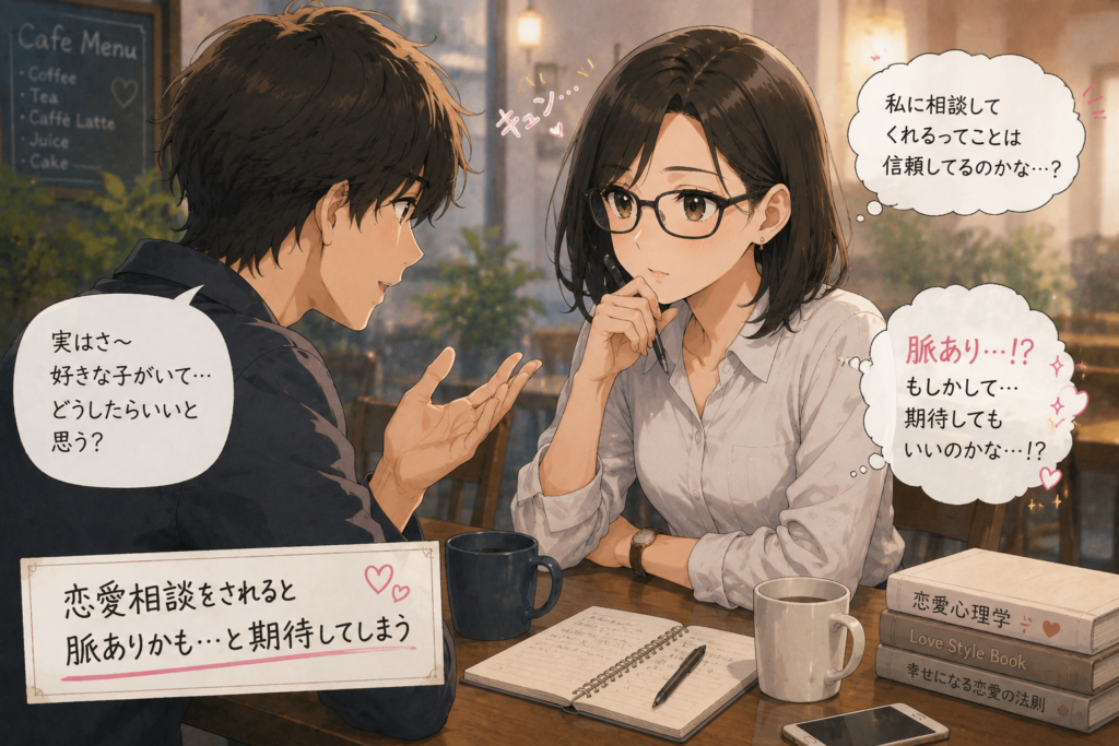 恋愛相談をされるミカコ。脈ありなのか悩む。