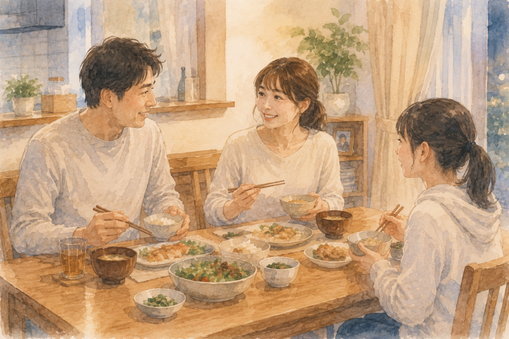 食卓を囲む円満な家庭。その裏で別の男性に惹かれる妻は罪悪感を抱えている。
