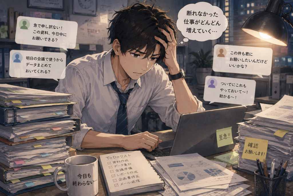 仕事を頼まれすぎて抱えきれなくなりそうな男性。