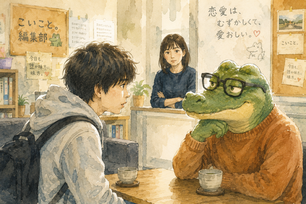 大学生ヒロの相談に乗るワニオ。