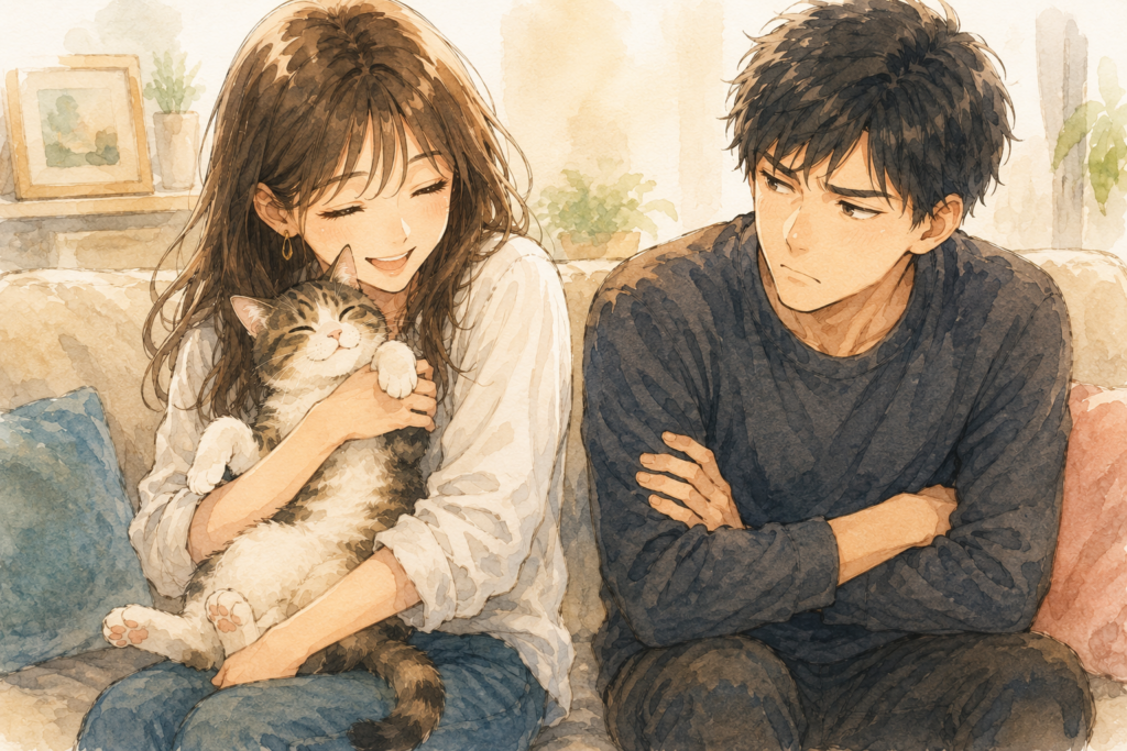 猫を抱く彼女。それを見て嫉妬する彼氏。