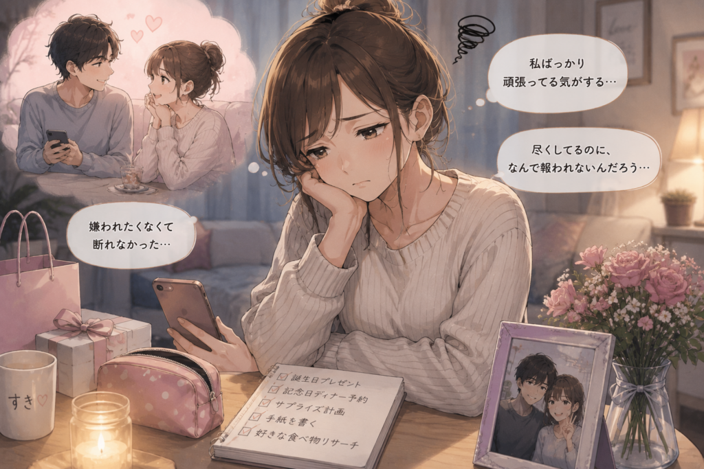 彼氏に尽くしすぎて疲れてしまった女性。