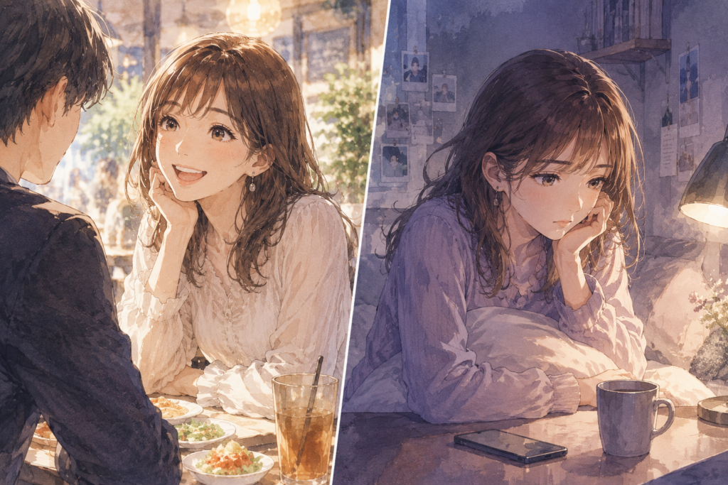 恋人の前で明るい女性。でも本音を言えず家では悩んでいる。