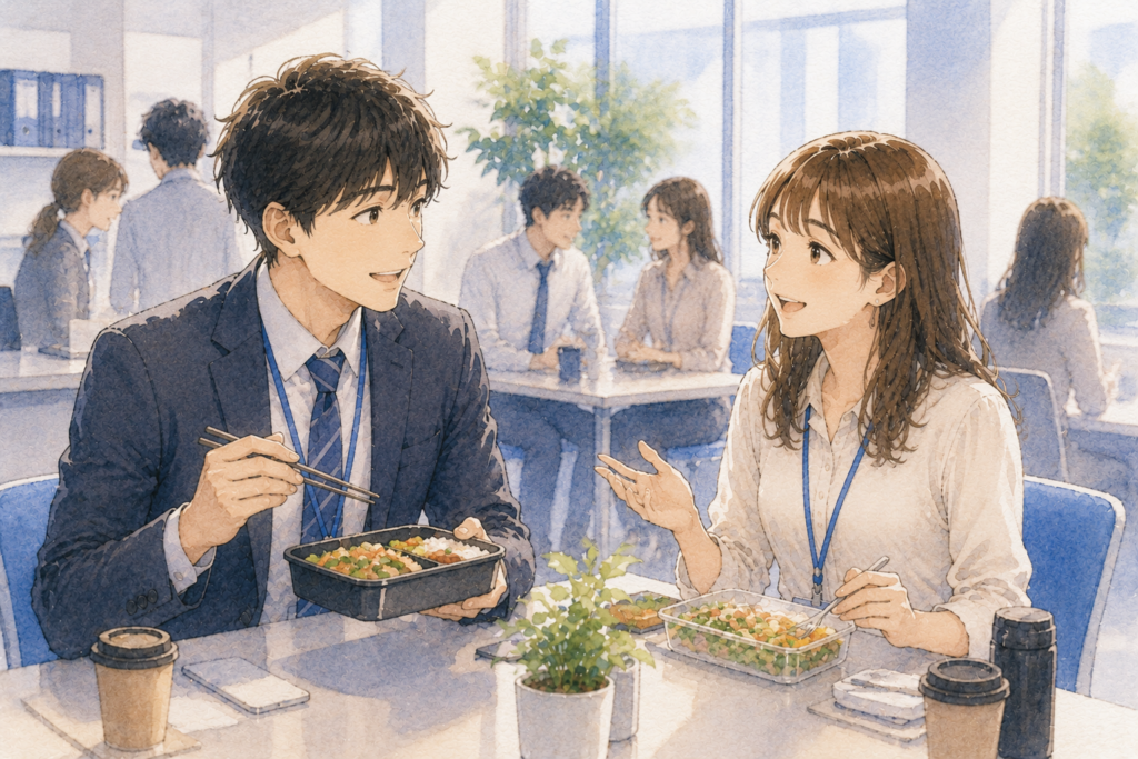 ともにランチを食べる男女。職場で接点を増やすのは脈ありの可能性がある。
