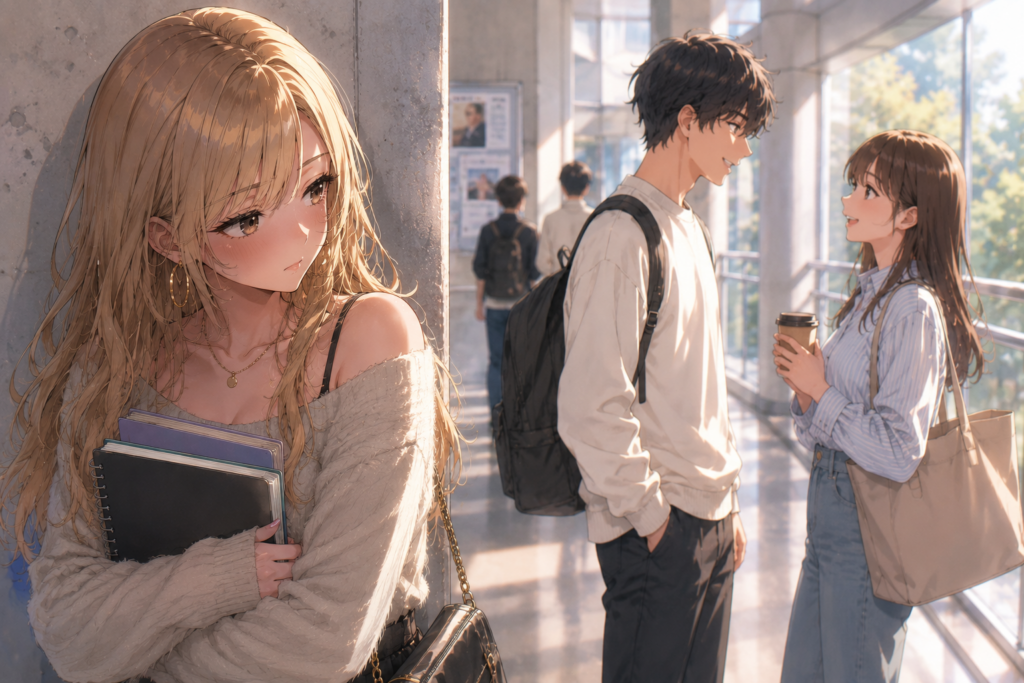 好きな人が他の女子と楽しそうにしてて嫉妬する女性。