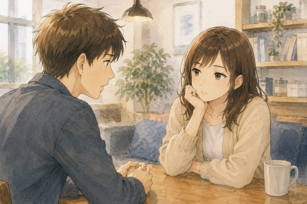会話する男女。しかし女性的には恋愛対象にならない。