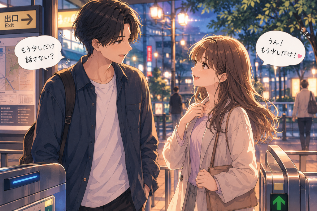 デート終盤に会話を続けようとする男女。