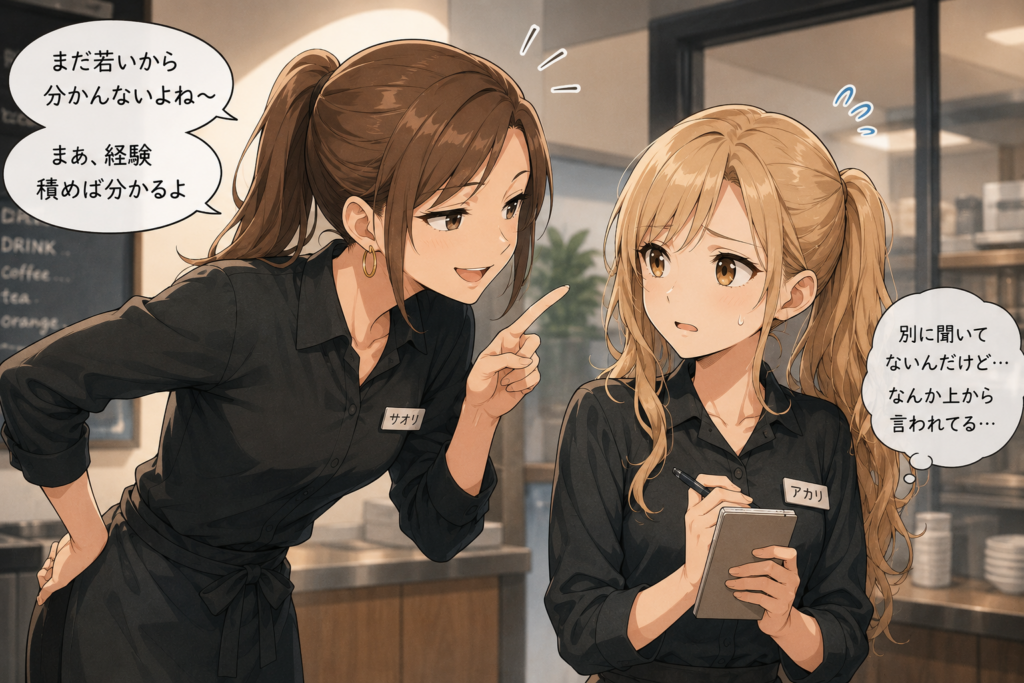 バイト先のカフェで先輩にマウントを取られるアカリ。
