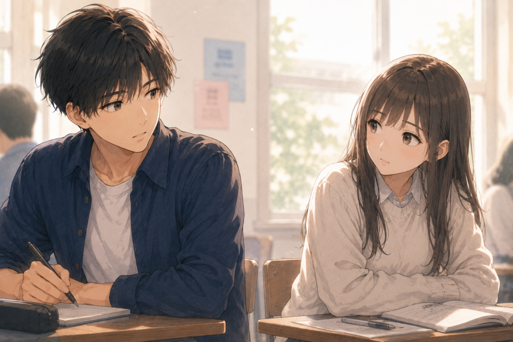 大人しい女性とよく目が合う男性。脈ありの可能性がある。