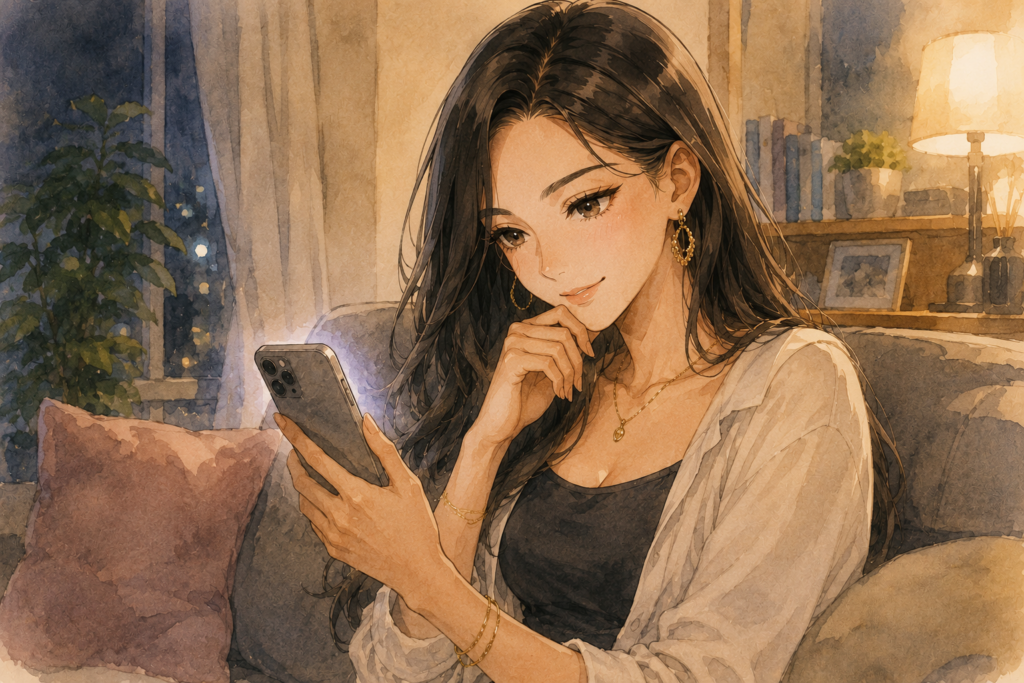昔アプローチしてきた男性から連絡が来て微笑むミサキ。