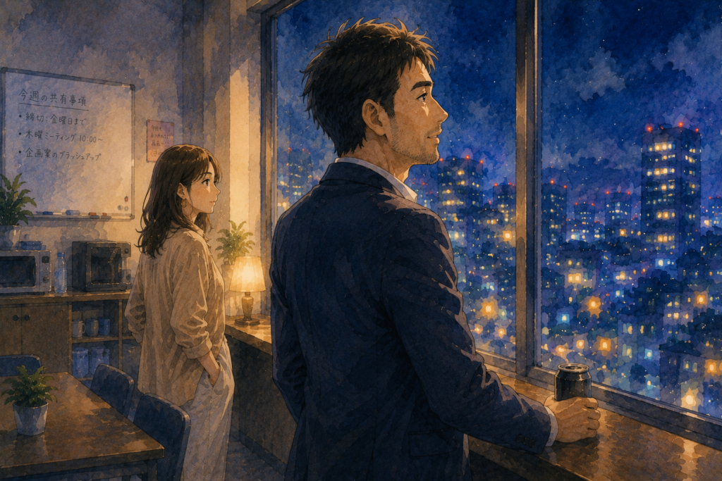 休憩室から見える夜景を眺めるケンジとナナ。