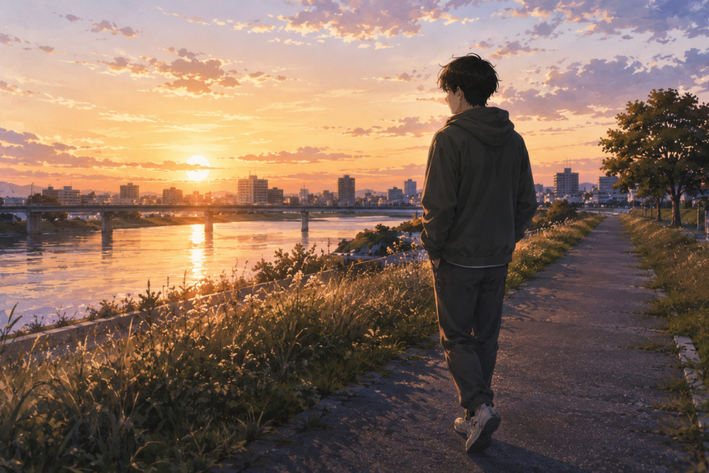 河原をひとりで散歩する男性。のんびりして充電する姿を表現。