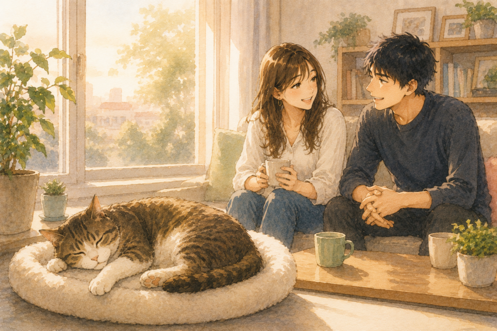 のんびり寝る猫と仲睦まじいカップル。