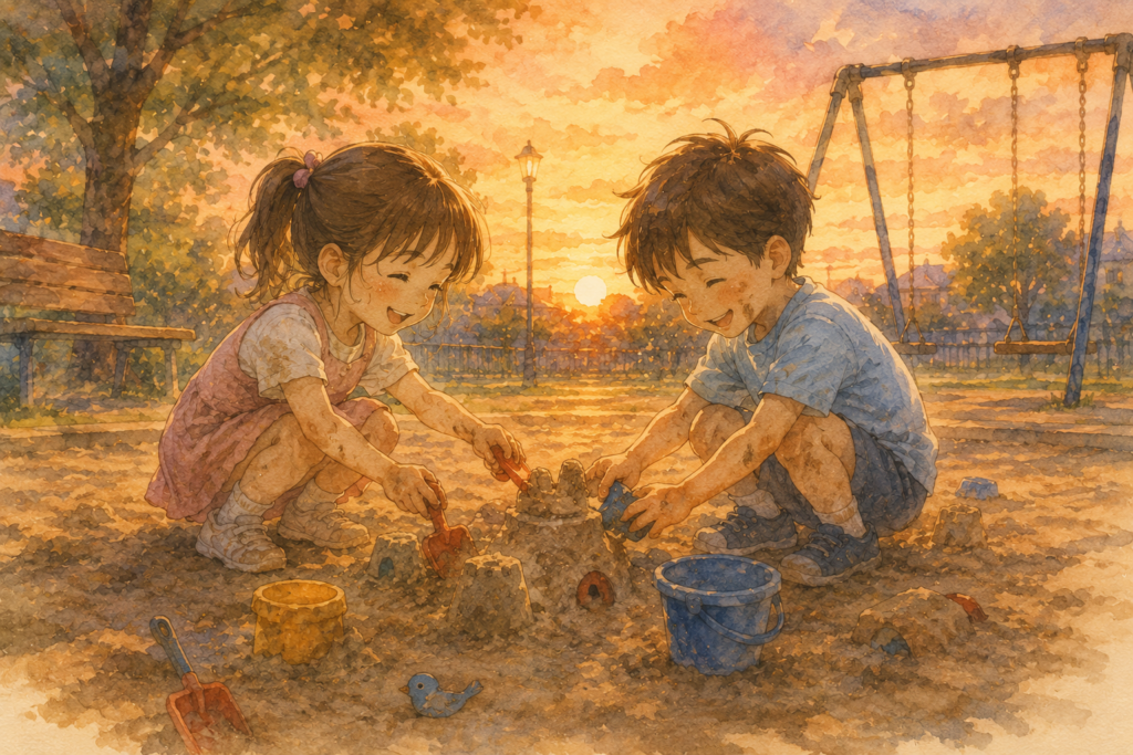 公園の砂場で遊ぶ男の子と女の子。