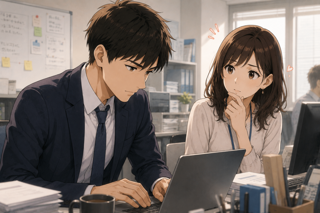真剣に仕事をする男性。それを見てドキッとする女性。