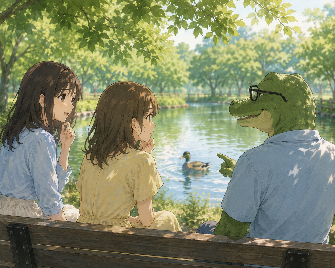 公園のベンチで恋愛相談に答えるワニオ。相談するリナとミユ。