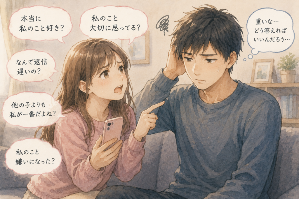 愛情確認をしまくる彼女。彼氏は重たく感じている。