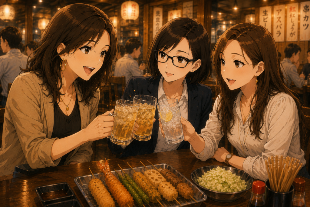 それぞれのドリンクで乾杯する女子3人組。