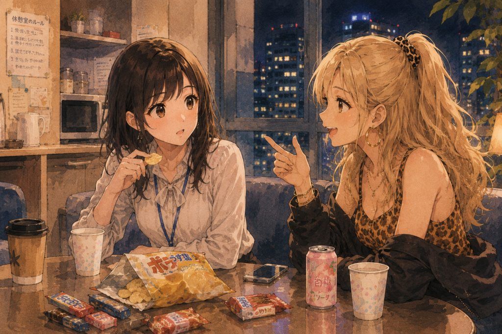 夜の休憩室で雑談するミユとミサキ。