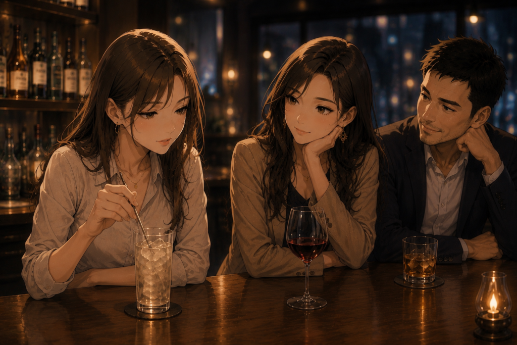 自分の癖について語るユウカ。聞くミサキとケンジ。