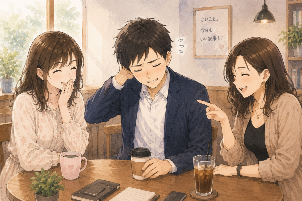 勘違いエピソードを話し照れるリク。笑うミユとナナ。