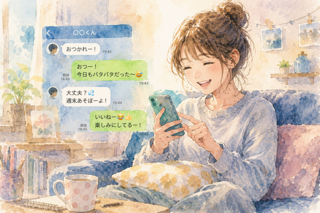 男友達と楽しくLINEする女性。
