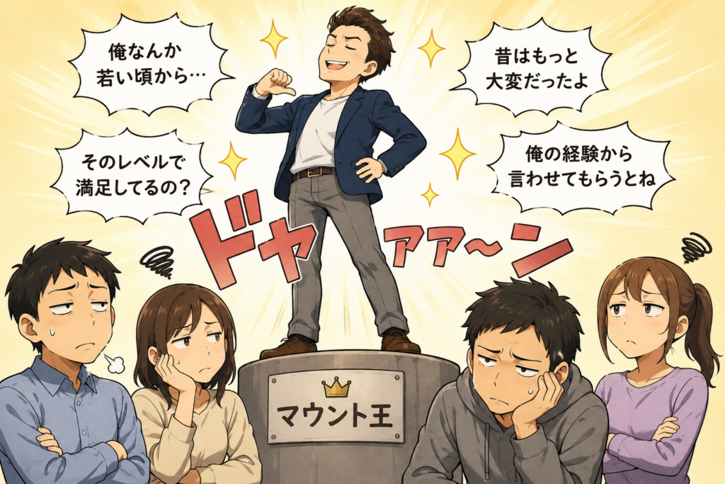マウントをとりたがる男性とうんざりする周囲の人。